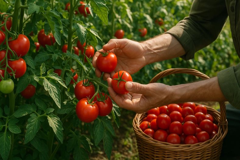 Hands harvesting ripe red tomatoes from healthy tomato plants